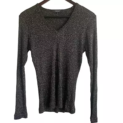 Karen Kane Top Women L Black Gold Metallic V-Neck Long Sleeve Rayon Knit Stretch • $29.99