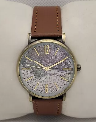 Unisex Classic Round Gold Tone Case World Map Dial Brown Leather Strap Watch J9 • $11.99