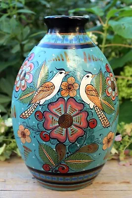 Lg Vase Birds Flowers Turquoise Hand Painted Burnished Medrano Mexican Folk Art • $175