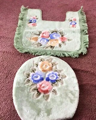 2 Piece Vintage Chenille Green Floral Toilet Mat Set With Fringe Seat Cover • $18.70