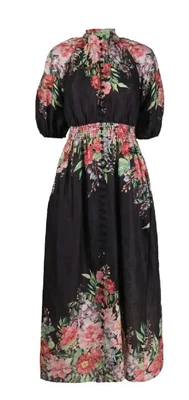 $295 • Buy Zimmermann Bellitude Black Shirred Waist Floral Dress Size 1