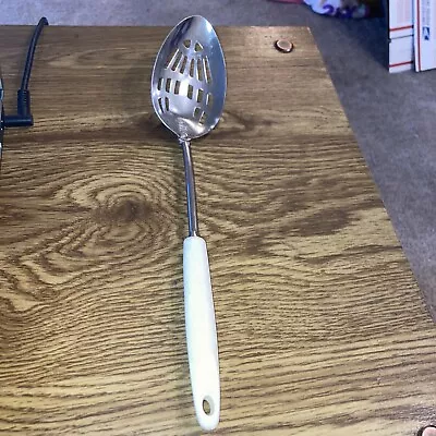 Vintage Ecko USA Chromium Plated Slotted Spoon  White Plastic Handle 12  • $10.67
