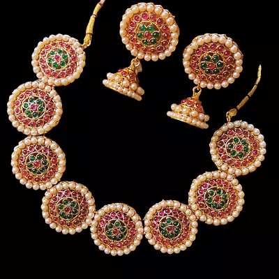 South Indian Style Necklace Indian Bollywood Gold Plated Bridal Kemp Jewelry Set • $22.39
