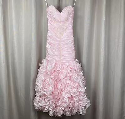 Vtg Mary’s Sweetheart Prom Dress Pink Mermaid 80s 90s Style Ruffle Beaded Barbie • $125