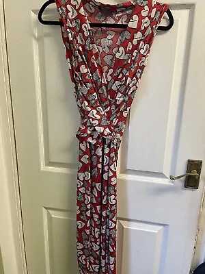 ONJENU Dress Love Heart Print  Size UK 18 Midi Jersey Wrap Front Tie 43” Long • £9.99