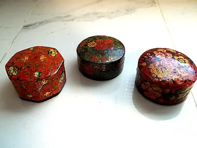 Vintage Lacquered Painted Round Boxes Floral Design Unsigned Lot Of 3 • $15