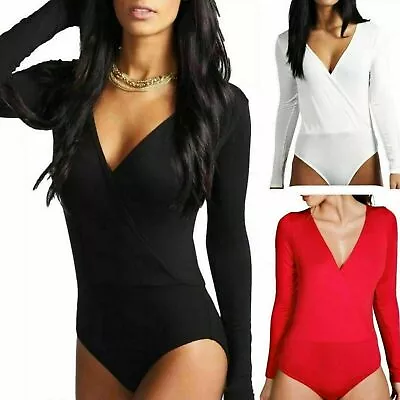 Ladies Womens Long Sleeve Wrap Over Plunge V Neck Stretch Leotard Bodysuit Top • £8.95