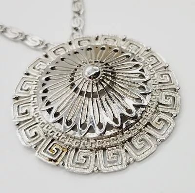 Vintage Monet Necklace Silver Tone Medallion Greek Key Statement Chain 18  RARE • $109.57