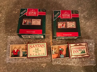 Hallmark Ornament MATCHBOX MEMORIES SANTA'S STUDIO EVERGREEN I NN LOT 2  BOX • $7