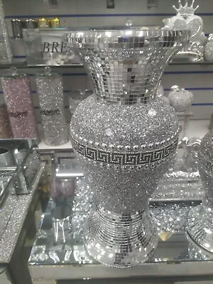 £19.99 • Buy 30Cm Sparkle Diamond Crushed Crystal Sparkly Silver Mirrored Floor Vase Border