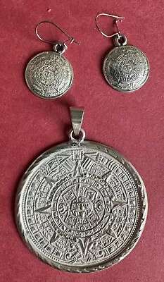 14g Vintage Mexican Sterling Silver  Mayan Calendar Pendant 11g & Earrings 3g • $39.99