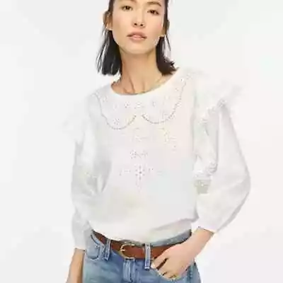 J. Crew White Cotton Embroidered Eyelet Ruffle Sleeve Top Women's Size XS • $18