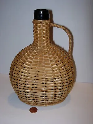 Vintage Demijohn Fine Handle Wicker Wrapped Bottle Wine Alcohol Glass 9x7 • $79.99