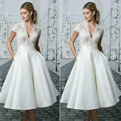 Vintage Ladies White Lace Bride Dresses Tea Length Wedding Gowns Wedding Dress • $45.94