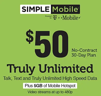 Simple Mobile $50 Refill Plan DIRECT • $45