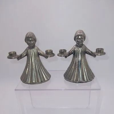 Pair Of Figural Altar Boy Angel Candle Holders VTG Italy Miniature Silver Metal • $9.71