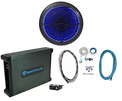 Rockville MS10LB 10  2400w Black Marine/Boat 10  LED Subwoofer+Mono Amp+Wire Kit • $244.90