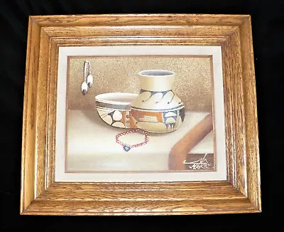 Signed Oil On Canvas Sand Painting Mario Jung Southwest Pottery Framed  • $69.95