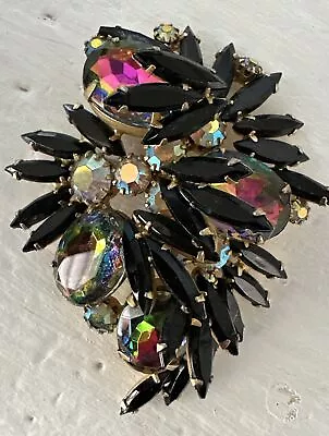 Vintage Gold Toned Juliana Watermelon Black Glass A B Crystal Brooch • $116.10