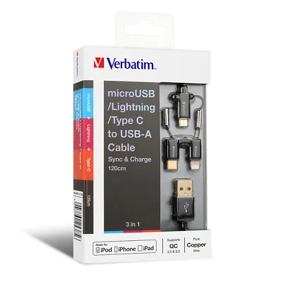 Verbatim 3-in-1 1.2m BK USB-A To Micro USB/Lightning MFI-Certified/USB-C Cable • $29