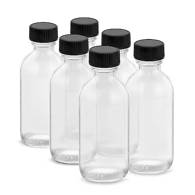 Glass Bottles Lids Funnels Boston Round 2 Oz 60ml 6 Pack Clear Glass With Caps • $12.66