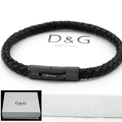 DG Men'sStainless Steel Silver 8 Black Braided.Leather Bracelet Gold Plated BOX • $14.99