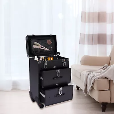 Cosmetic Storage Case Rolling Makeup Train Case Trolley Organizer & Locks Black • $78