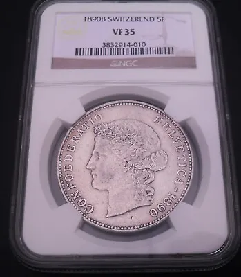 1890 B Switzerland 5 Francs  NGC VF 35  Nice Silver Coin       #1483 # 43-14 • $150