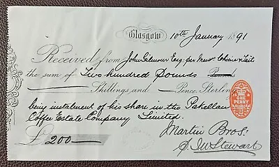 1891 Martin Brothers Glasgow Receipt For Share Of Pakellan Coffee Plantation • £4.99