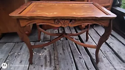 Mahogany Carved Inlaid Coffee Table With Glass Serving Tray. • $200
