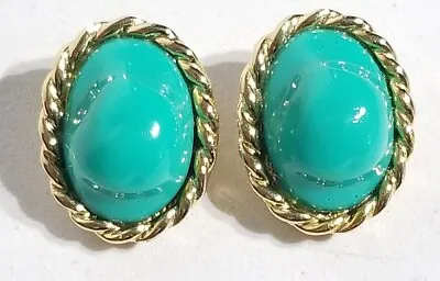 Vintage Kenneth Jay Lane KJL Jade Green Cabochon Gold Clip On Earrings • $43.99