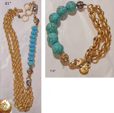 MARIE CHAVEZ Turquoise Stones & Brushed Gold Chain Necklace & Bracelet! • $15