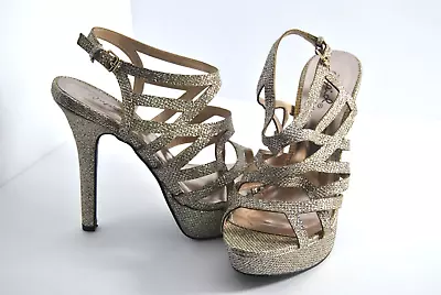 Qupid Gaze 403 Champagne Glitter USA Womens Size 6 1/2 Gladiator Evening Shoes • £17.52