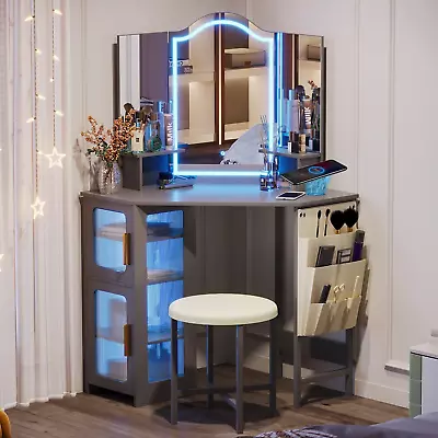 Vanity Makeup Desk With Mirror Lights Charging Station Corner Table Vanity Set W • $295.95