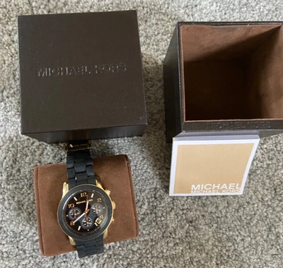 £39.99 • Buy Genuine Michael Kors Chunky Black & Goldwatch In VGC Boxed