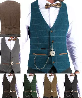 Business Mens Tweed Plaid Waistcoats Herringbone Vests Windowpane Wedding Wool+ • $18.99