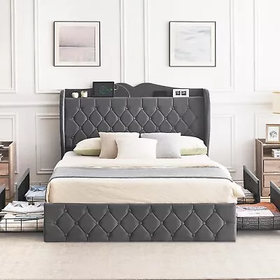 Wingback Full Queen Size Bed Frame With Upholstered Headboard 4 Storage Drawers • $249.99