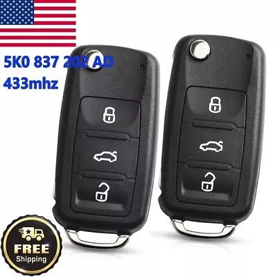 2x Folding Flip Remote Key Fob 3Btns W/ ID48 Chip 434MHz Fit For VW 5K0837202AD • $20.50