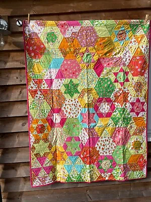 Kids Patchwork Quilt EPP Heather Ross Bumble Bee Hexagons Handquilted • £75