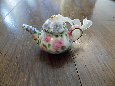 Two's Company Ceramic Floral Chintz Teapot Michelle Mini Ornament Ribbon Hanger • $4.99