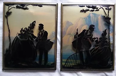 Vintage Reverse Painted Convex Silhouette Courting Couple Framed Pictures • $18.99