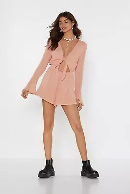 Nasty Gal NWT Womens Tie Babe Relaxed Textured Romper Size 10 Peach Long Sleeve • $45