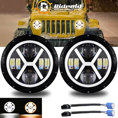 2X 7 Inch Round LED Halo Headlights Hi/Lo DRL Beam For Jeep Wrangler JK LJ TJ CJ • $65.99