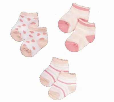 3 Pairs Of Baby Girls Socks Pink Heart & Stripes Design NB 0-3 Or 3-6 Months • £2.99