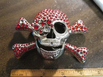 Chrome Skull And Cross Bone Pirate Belt Buckle With Red Rhinestone • $5