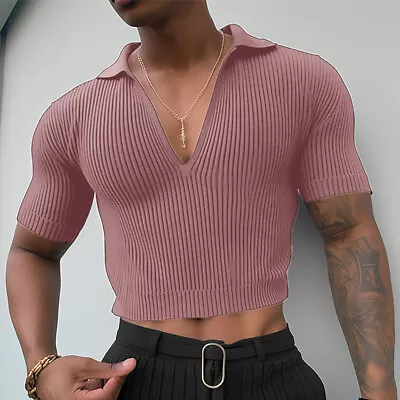 INCERUN Men Short Sleeve V Neck Knitted T Shirt Casual Slim Fit Blouse Crop Tops • $18.04