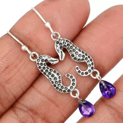 Sea Horse - Natural Amethyst - Africa 925 Silver Earrings Jewelry CE20673 • $10.99