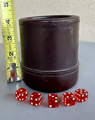 Vintage Leather Dice Cup With Ribbed Lining + 5 Cherry Bakelite Dice Antique • $24.95