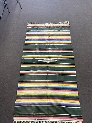 Vintage Colorful Striped Mexican Serape Wool 75x38 Fringed Blanket Dirty Stained • $33.75