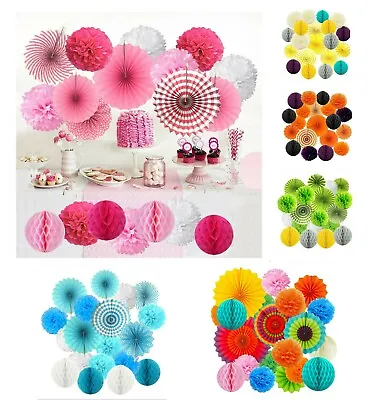 All-In-One Hanging Paper Fan Tissue Pom Poms Honeycomb Flower Ball Party Decor • £11.99